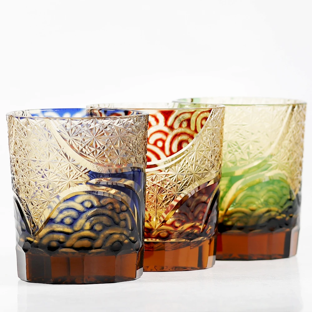 纯色波西米亚ins风格人工雕刻琥珀水晶玻璃威士忌酒杯传统工艺品