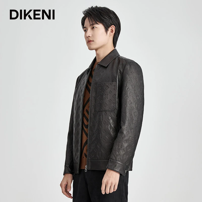 【秋款上新】迪柯尼羊皮IP压花皮夹克翻领秋冬修身商务 12557G241