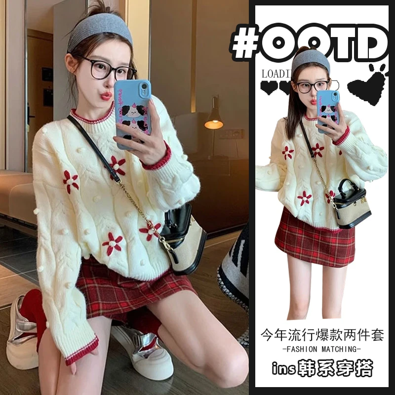 清纯甜美秋冬季套装女设计感别致花朵长袖针织毛衣高腰格子包臀裙