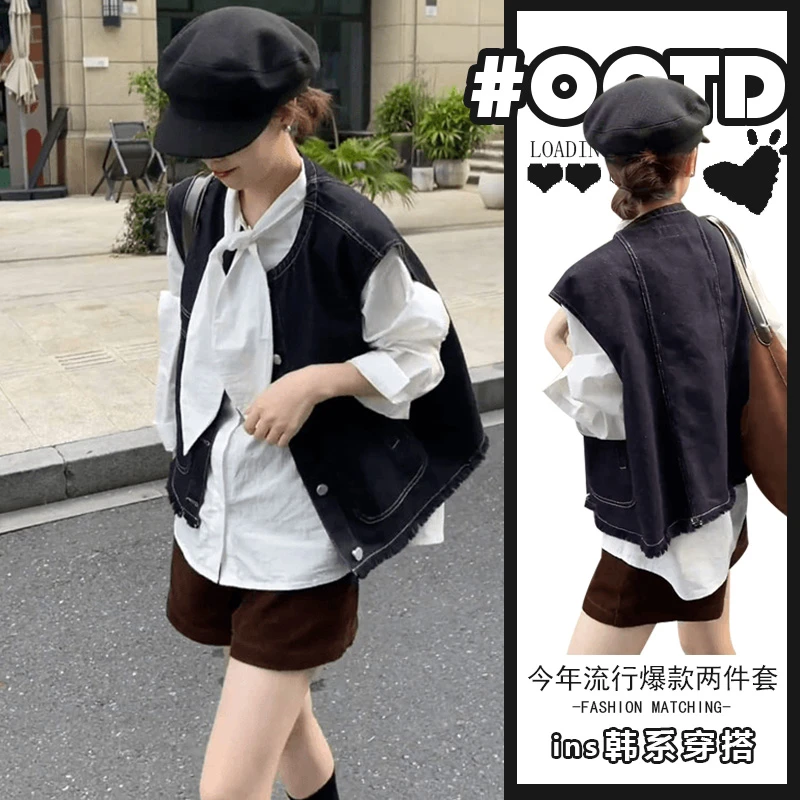 春秋穿搭一整套港风复古坎肩马甲搭配绑带衬衫高腰短裤三件套装女