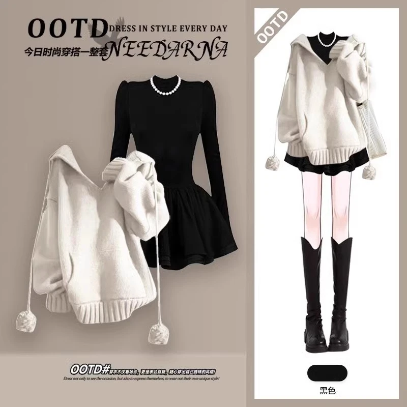 韩系小个子蓬蓬裙套装女秋冬新款连帽上衣高级感连衣裙穿搭一整套