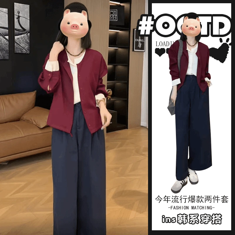 2025春秋时尚气质假两件洋气上衣+高腰遮肚阔腿裤欧货穿搭套装女