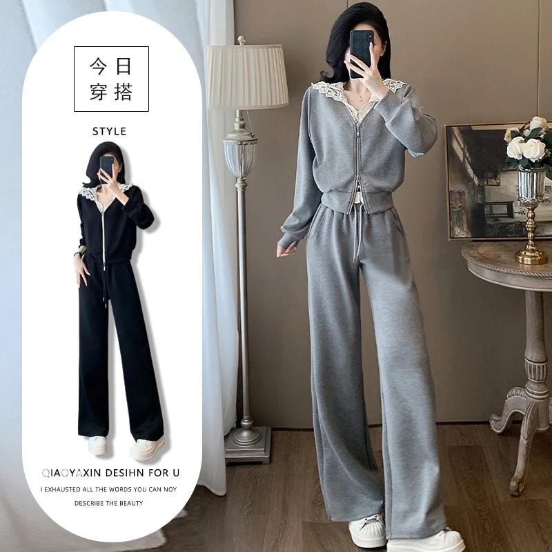 盐系轻熟两件套装女秋冬设计感别致蕾丝拼接上衣+高腰垂感运动裤