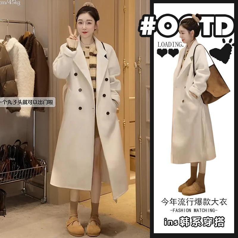 秋冬2024新款时尚气质中长款呢子大衣女美式气质慵懒风保暖外套潮