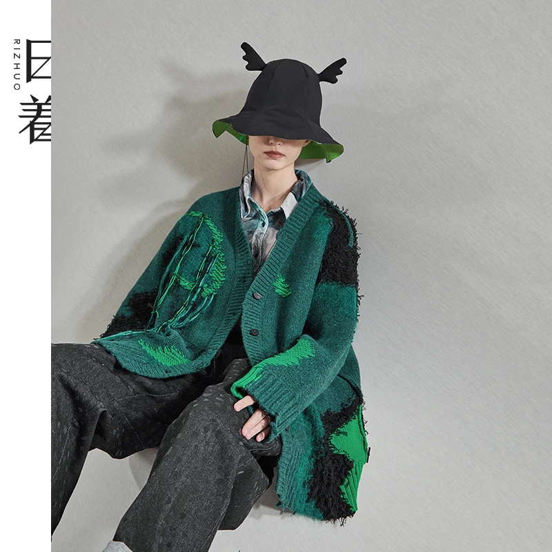 日着原创设计女装春秋毛衣宽松破边流苏提花针织开衫外套RC8585M0