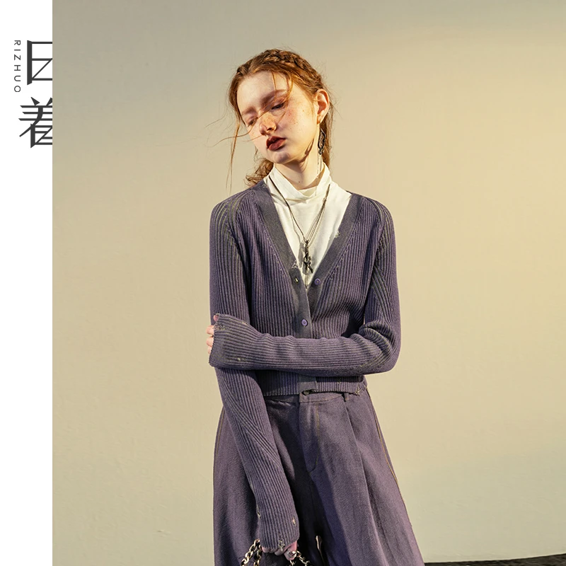 日着原创设计女装春秋小众修身长袖针织短开衫毛衣外套女RC3192M0