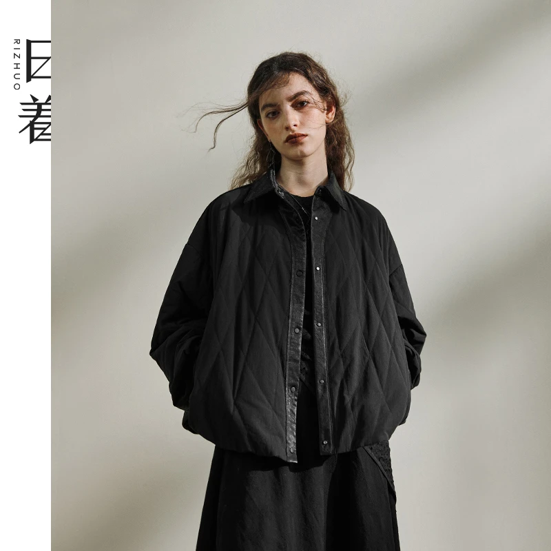 日着原创女装2024冬季新款新雪丽时尚菱格衬衫式拼接棉服RB3226E2