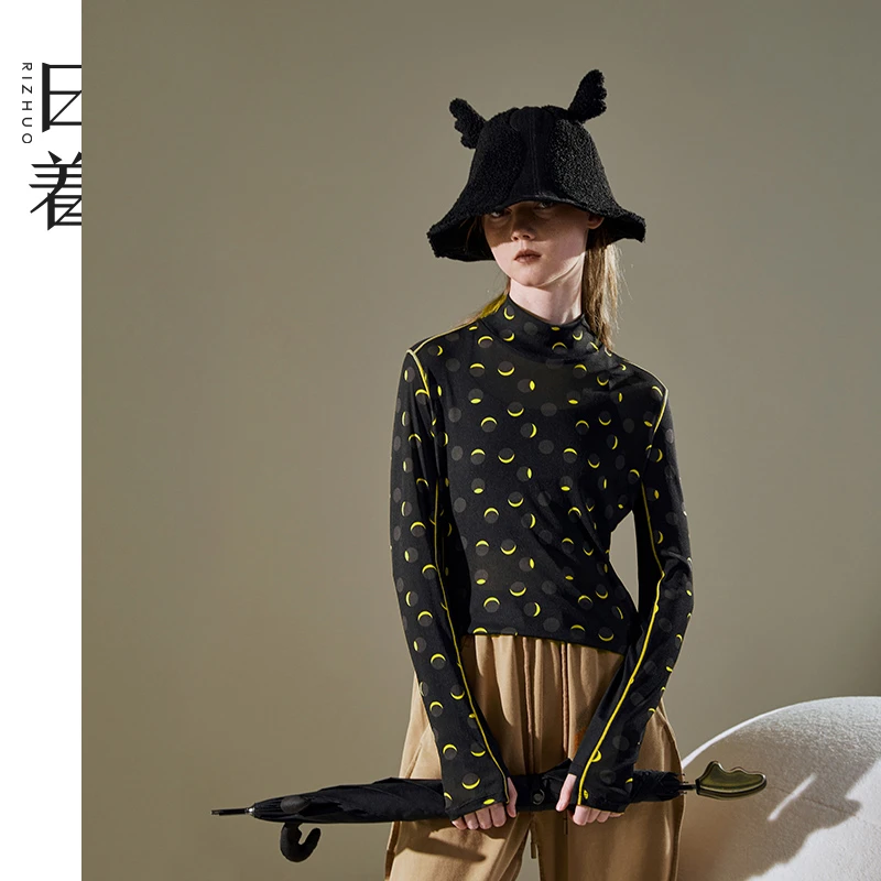 日着原创女装2025秋新款波点印花长袖百搭小高领打底T恤RB8327T0