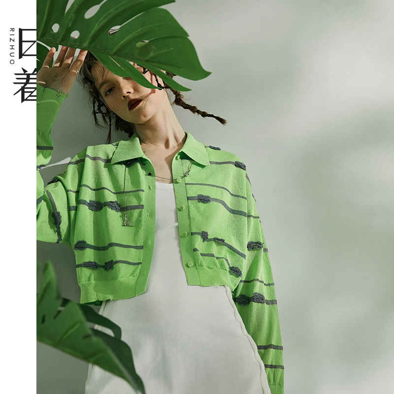 日着原创女装2025夏季新款针织开衫时尚条纹长袖短外套女RB2384M2