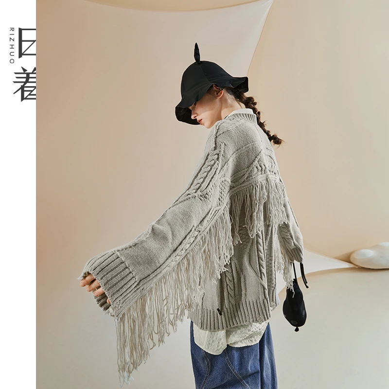 日着原创设计女装秋冬毛衣外套时尚宽松流苏绞花开衫针织RC8391M0