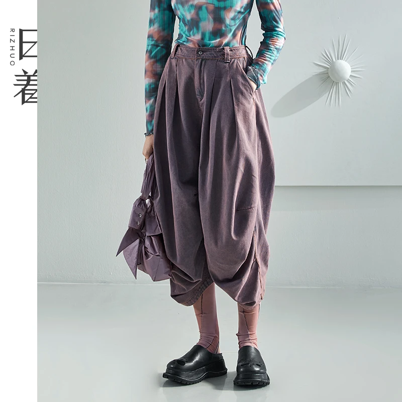 日着原创设计女裤新款阔腿裤八分哈伦牛仔裤RC2419K2+Z252069T2