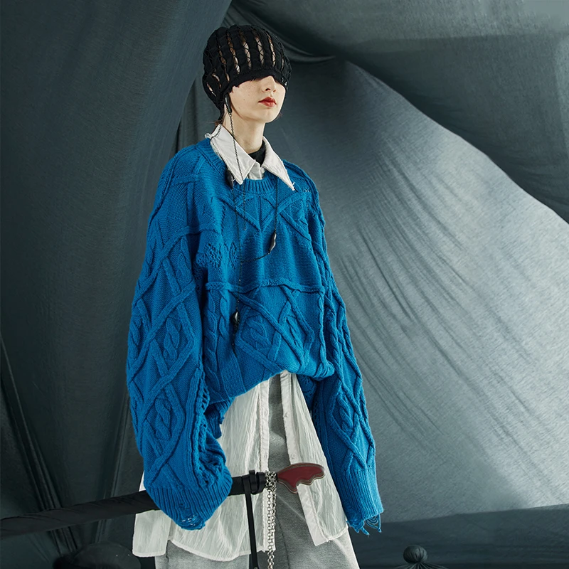 日着原创设计女装秋冬季时尚慵懒风复古流行破边宽松毛衣RA3112M0