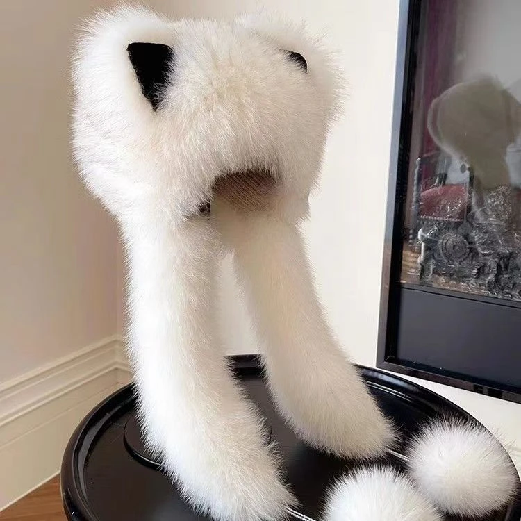 女款帽子 猫耳朵 围巾一体帽 狐狸毛秋冬保暖 长球皮草帽子加厚