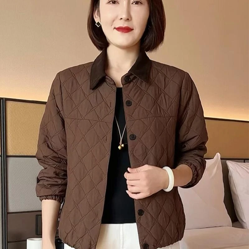 2025春秋冬季时尚妈妈轻薄翻领菱格棉服上衣保暖棉袄洋气减龄外套