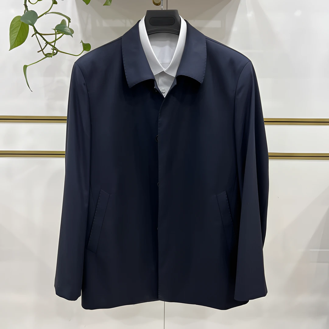 2205男士高端精纺羊毛桑蚕丝夹克春秋商务领导茄克翻领休闲男外套