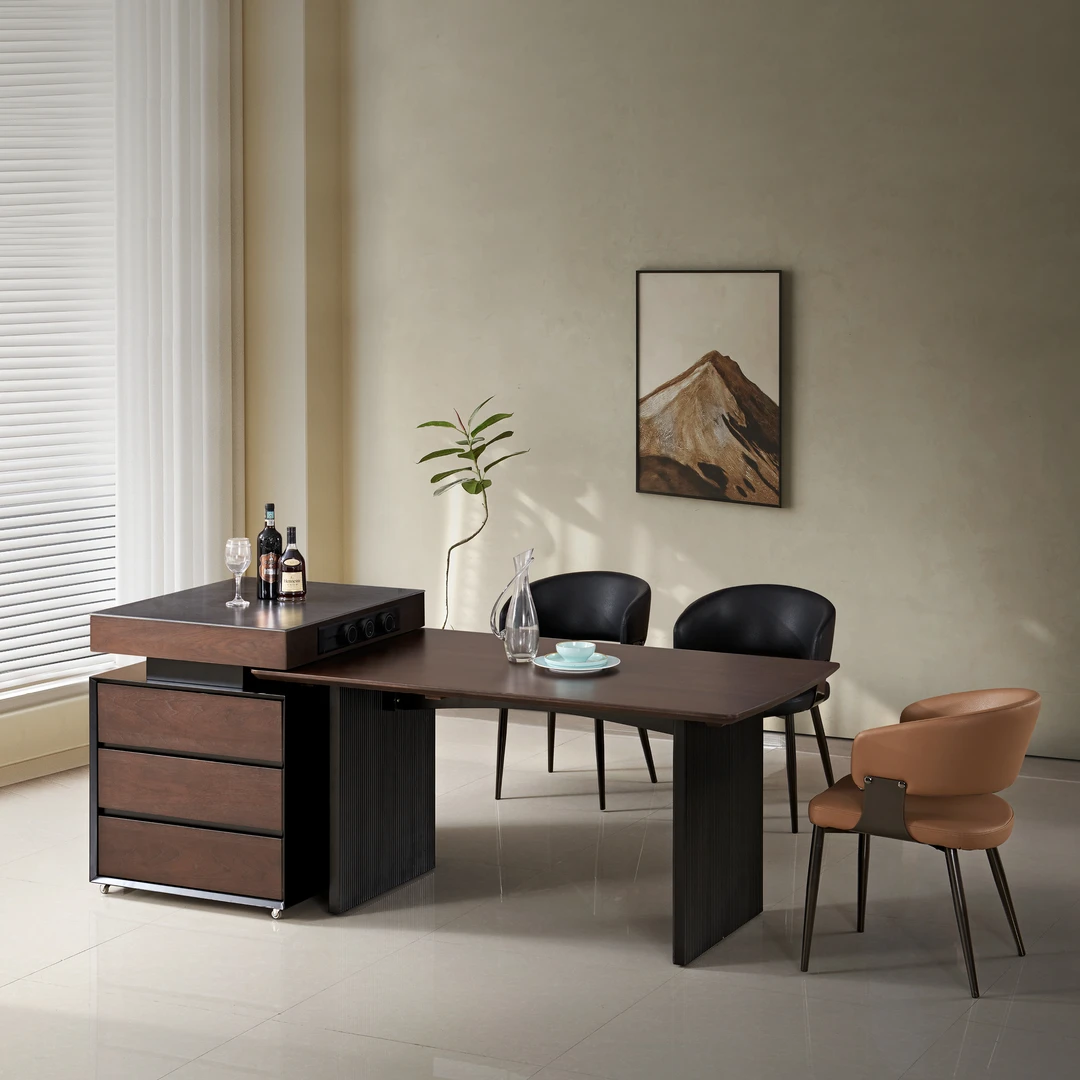 中古风胡桃木实木岛台餐桌一体多功能可移动伸缩开放式厨房岛台