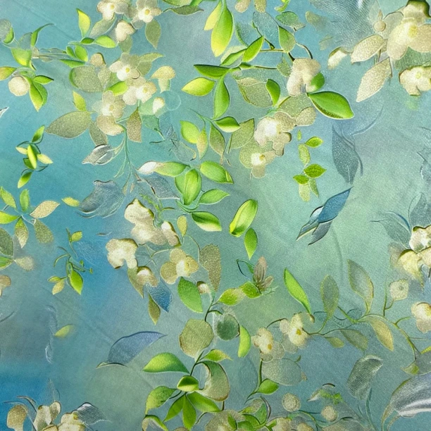 贡缎.绿色碎花春夏连衣裙旗袍面料丝滑柔软透气有光泽