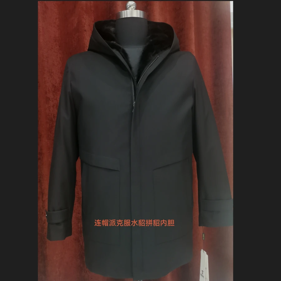 25085爸爸款连帽派克服水貂拼貂内胆可脱卸冬保暖外套男士中长款