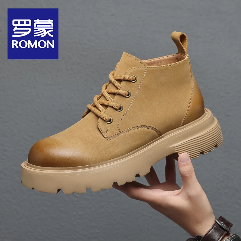 Romon/罗蒙马丁靴男冬季高帮男鞋真皮大黄靴加绒保暖百搭休闲男靴