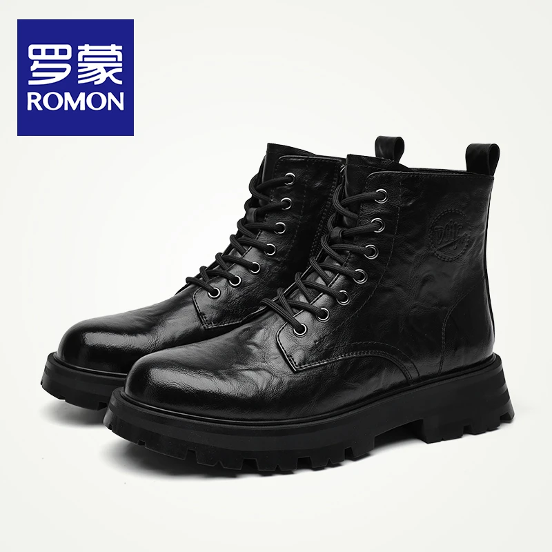 Romon/罗蒙马丁靴男冬季高帮男鞋真皮棉鞋加绒休闲皮鞋潮百搭男靴