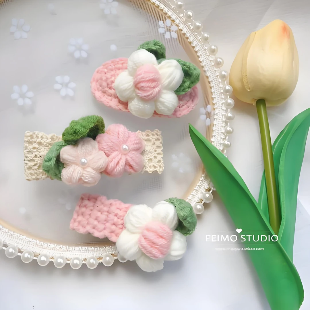 【成品】2024新款女孩可爱小清新手工钩织小花牛奶毛线BB夹发饰