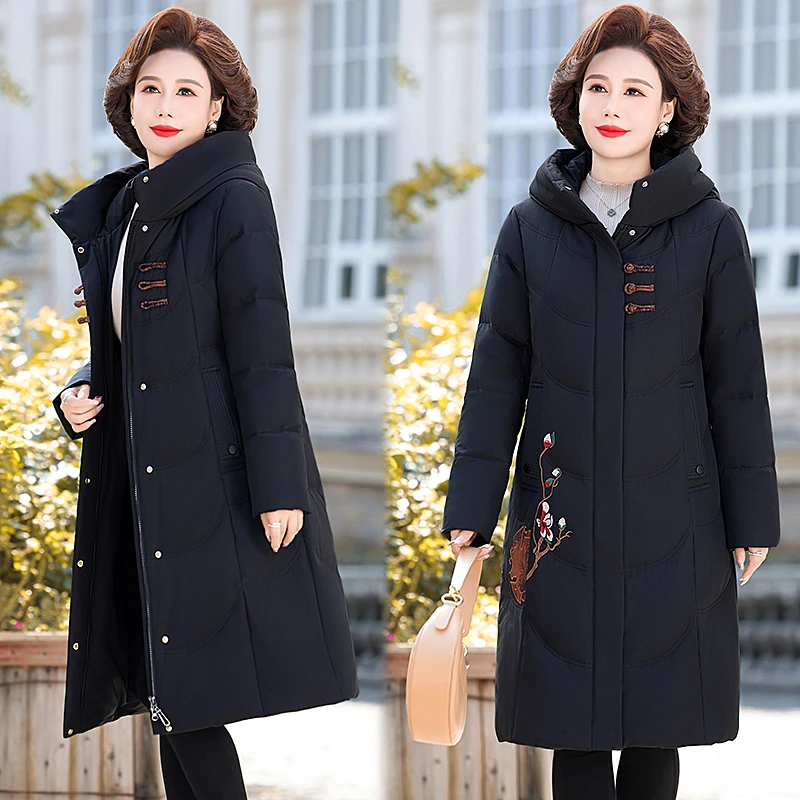 品牌中年连帽妈妈装袄中长款冬季外套加绒保暖大码加厚羽丝绒服