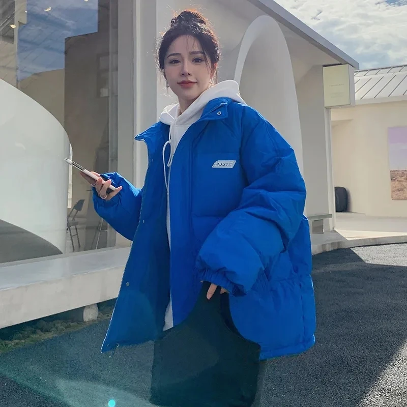 棉服短款女2023秋冬新款情侣韩版宽松学生外套克莱因蓝时尚棉衣