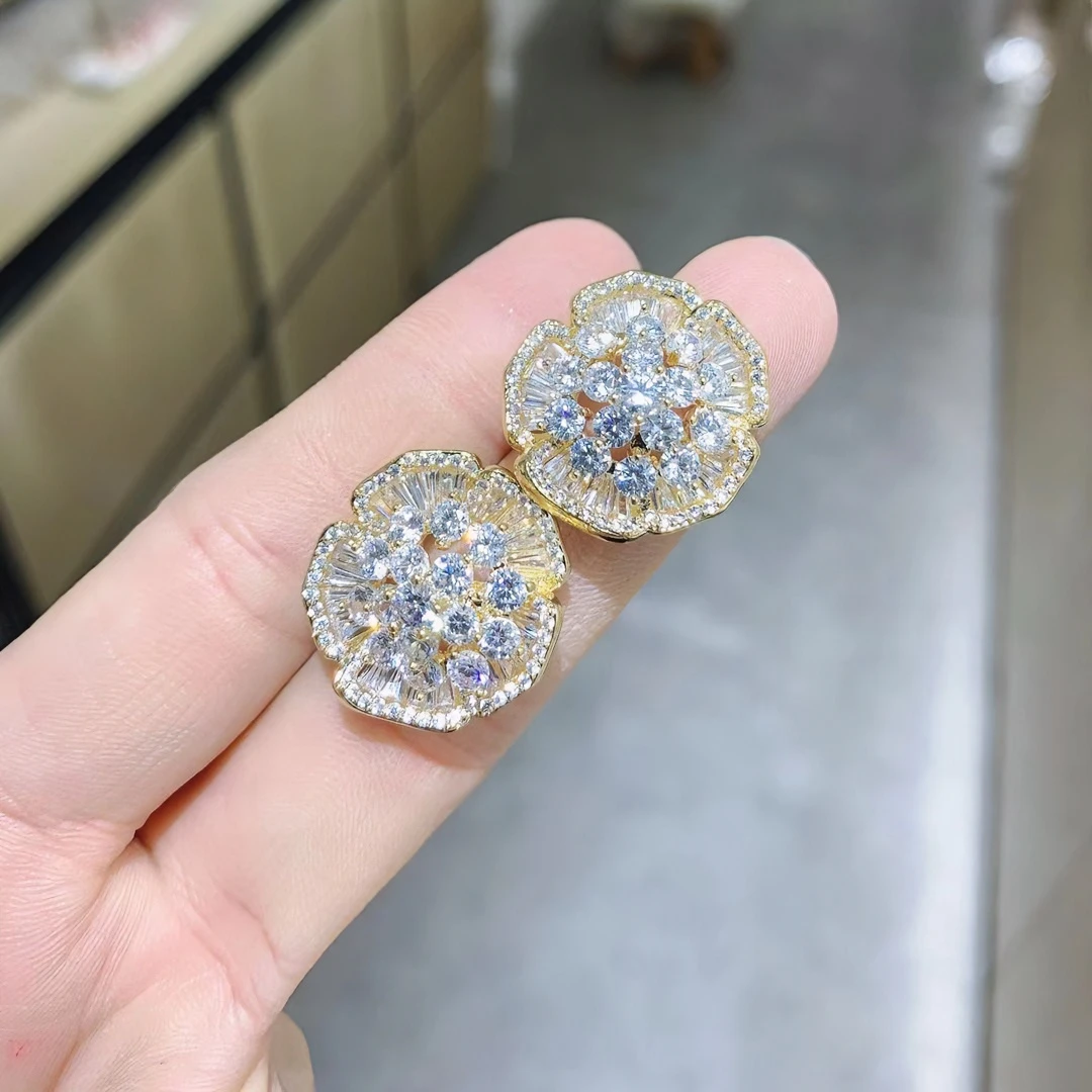 铜合金合成锆石耳饰   重工花朵大耳钉7424满钻旋转时尚气质轻奢