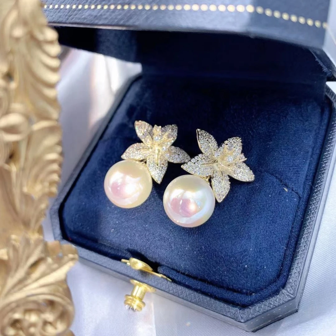 铜合金仿珍珠耳饰 高定樱花贝珠耳钉精品花朵气质轻奢名媛耳饰