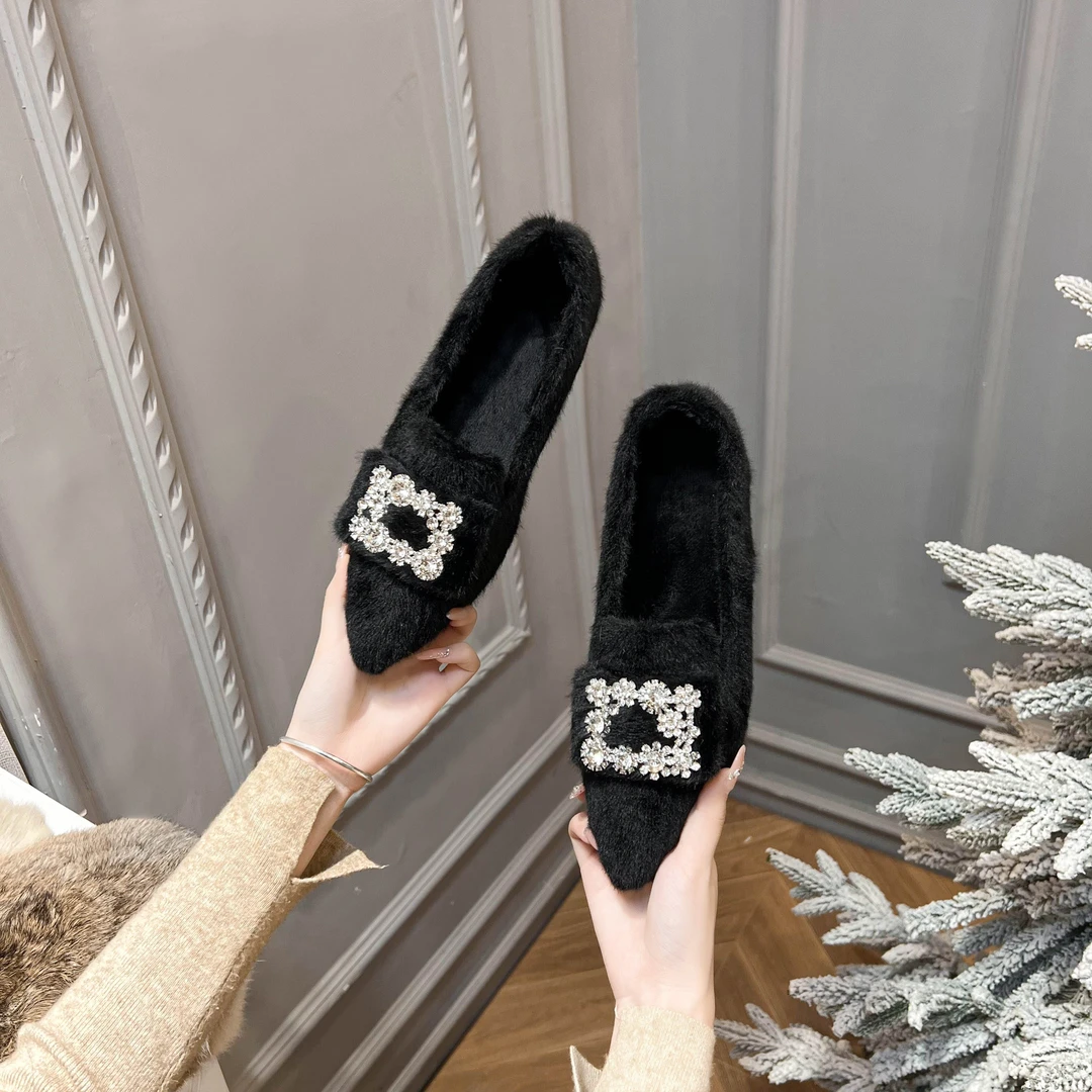 冬季新款时尚尖头水貂毛工艺蝴蝶结保暖气质內增高毛毛鞋〈38〉