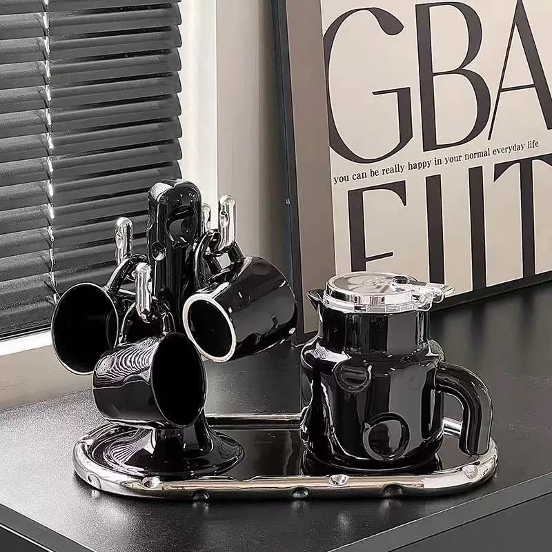 沐恩水具套餐家用客厅茶几陶瓷带托盘高颜值水杯茶壶旋转式杯架