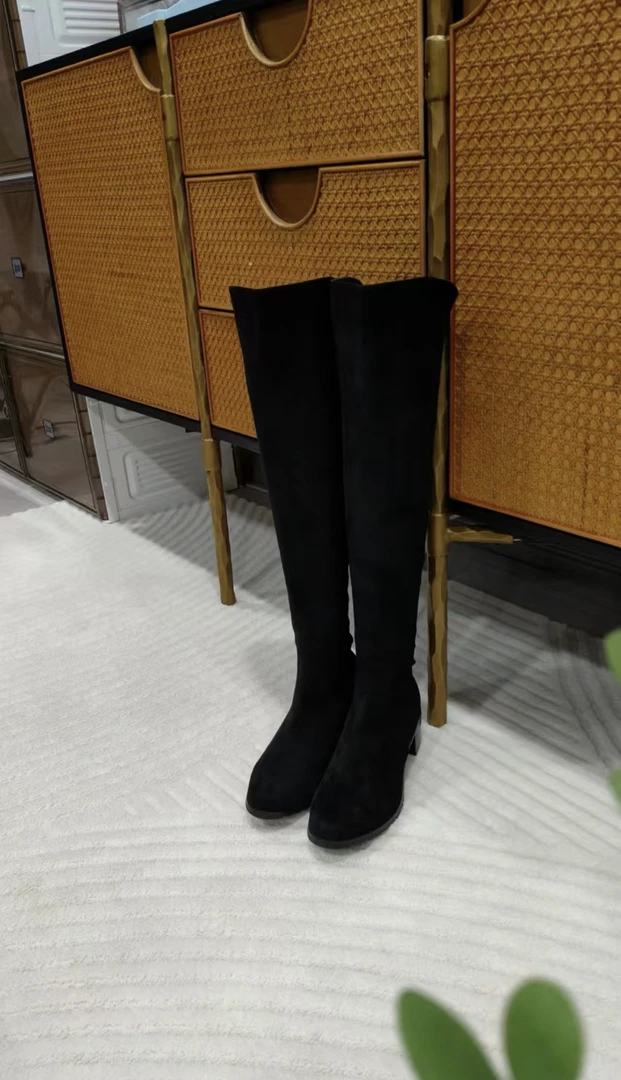 【Hua】8681女士时尚百搭方跟黑色高筒靴弹力靴（样鞋，无原包装）