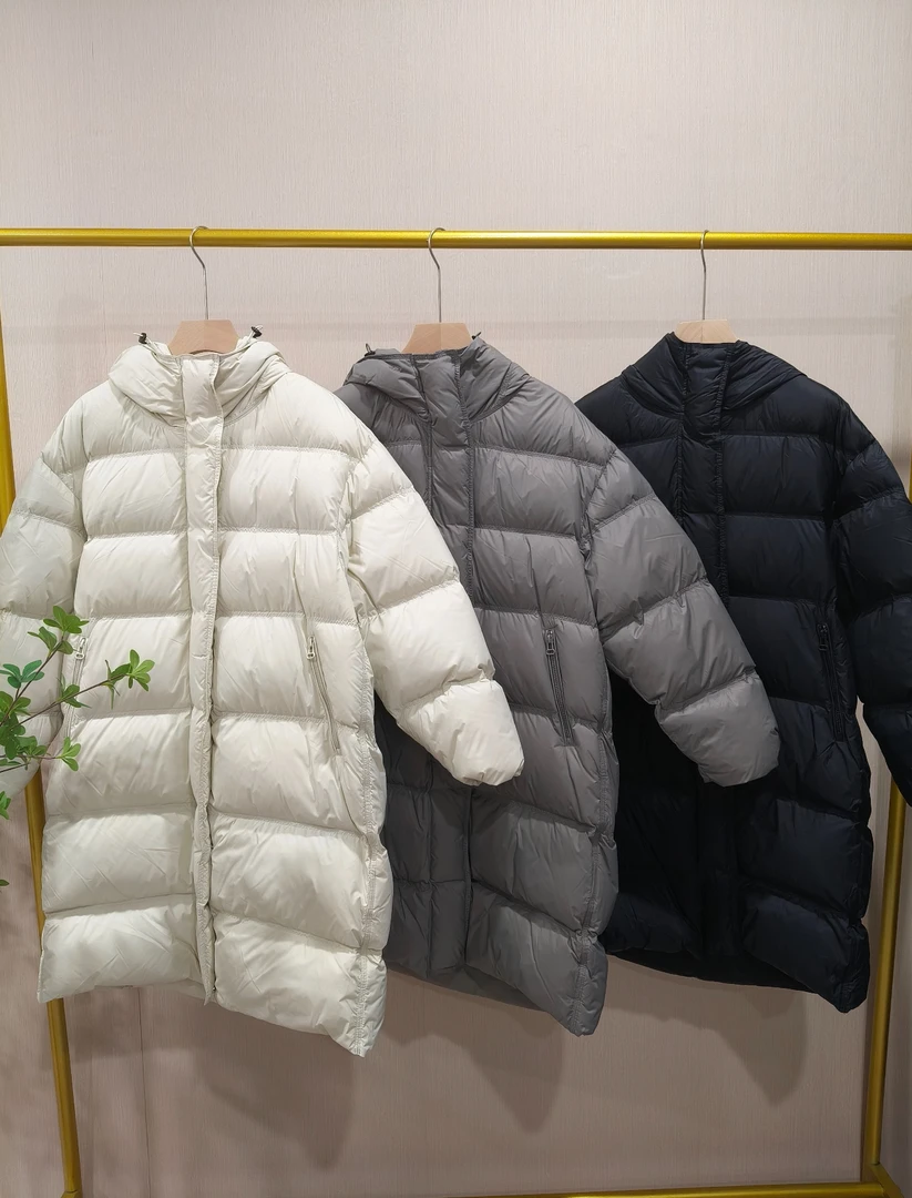 【Hua】1110007冬季新款女士百搭连帽双口袋中长款鹅绒服保暖羽绒服