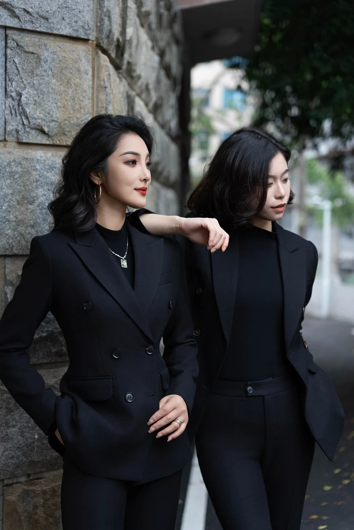 纯黑色深冬厚款时尚显瘦西装套装高端女士气质修身职业西服套装