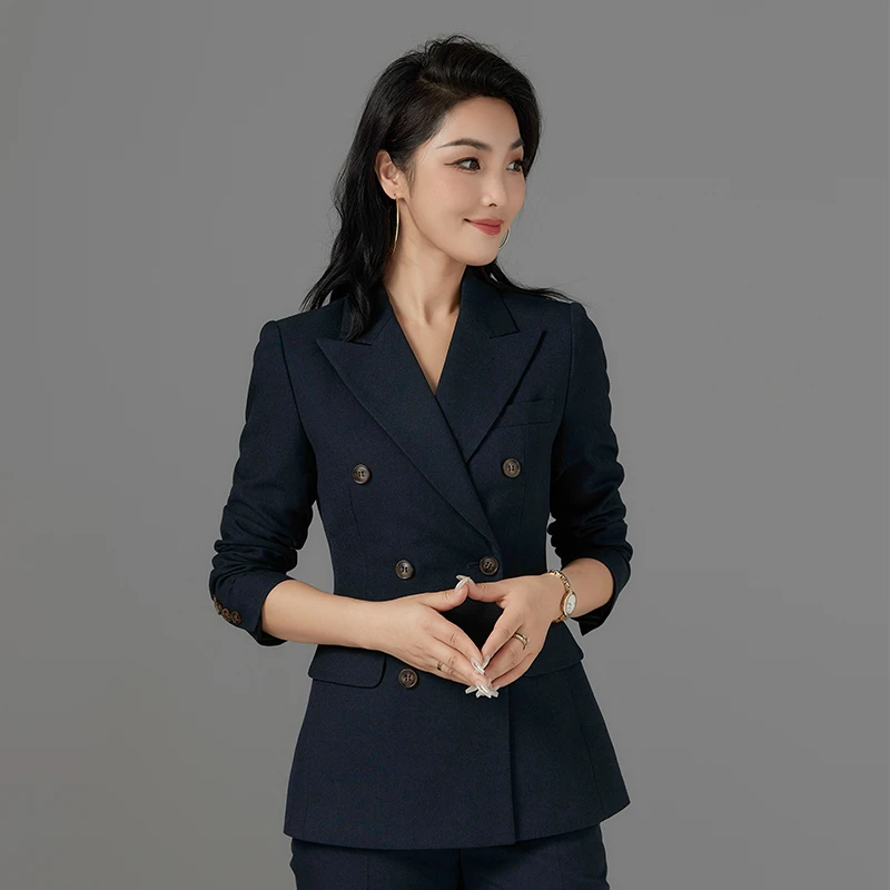 经典深藏青色双排扣西装套装高端女士气质修身职业白领外套通勤