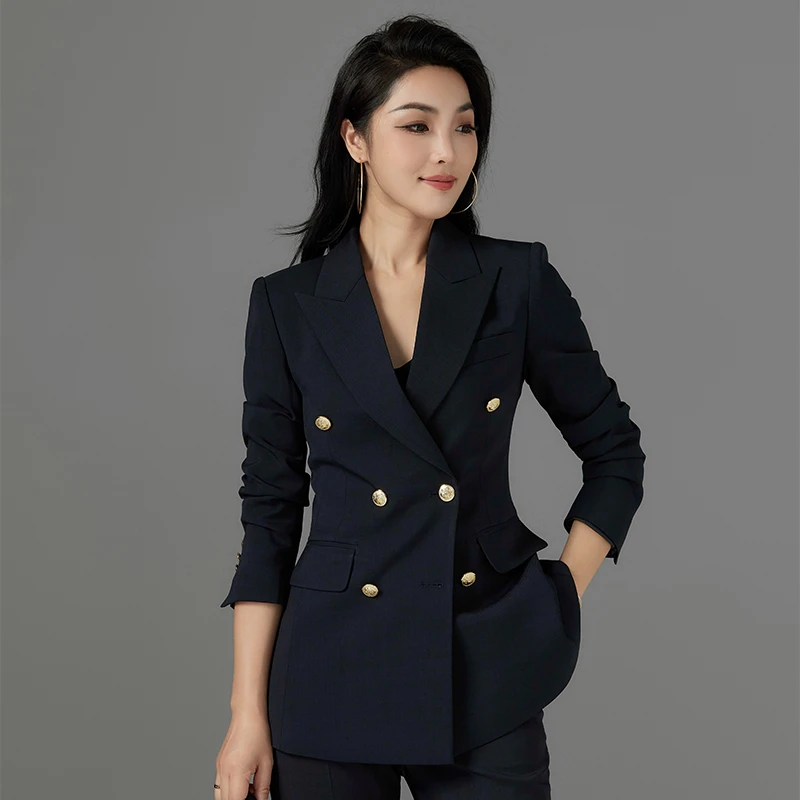 藏青色双排扣春秋西装套装气质女神范修身职业白领通勤两件套秋季