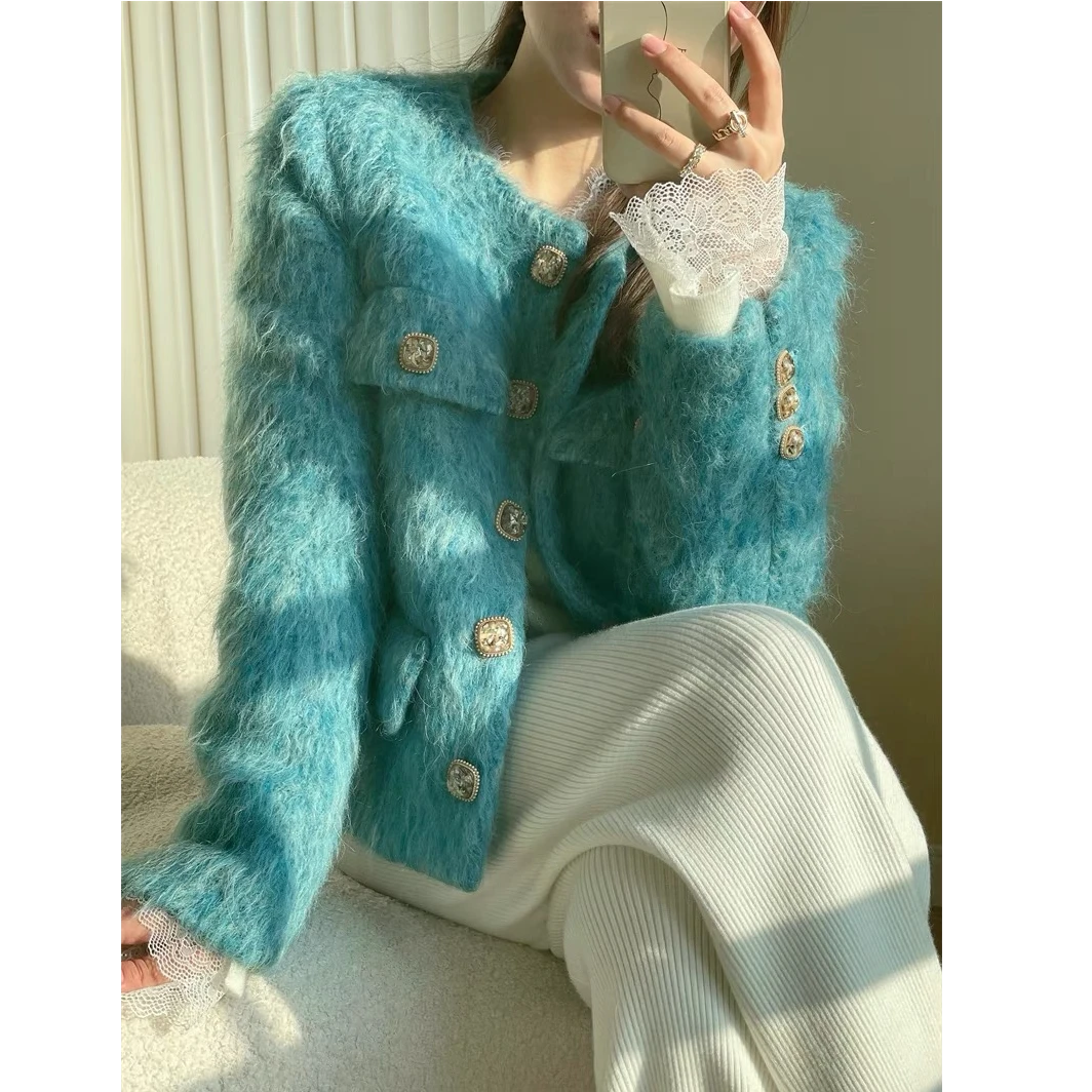 Yoki/定制 冬气质显瘦湖蓝色立体毛感加棉小香风外套