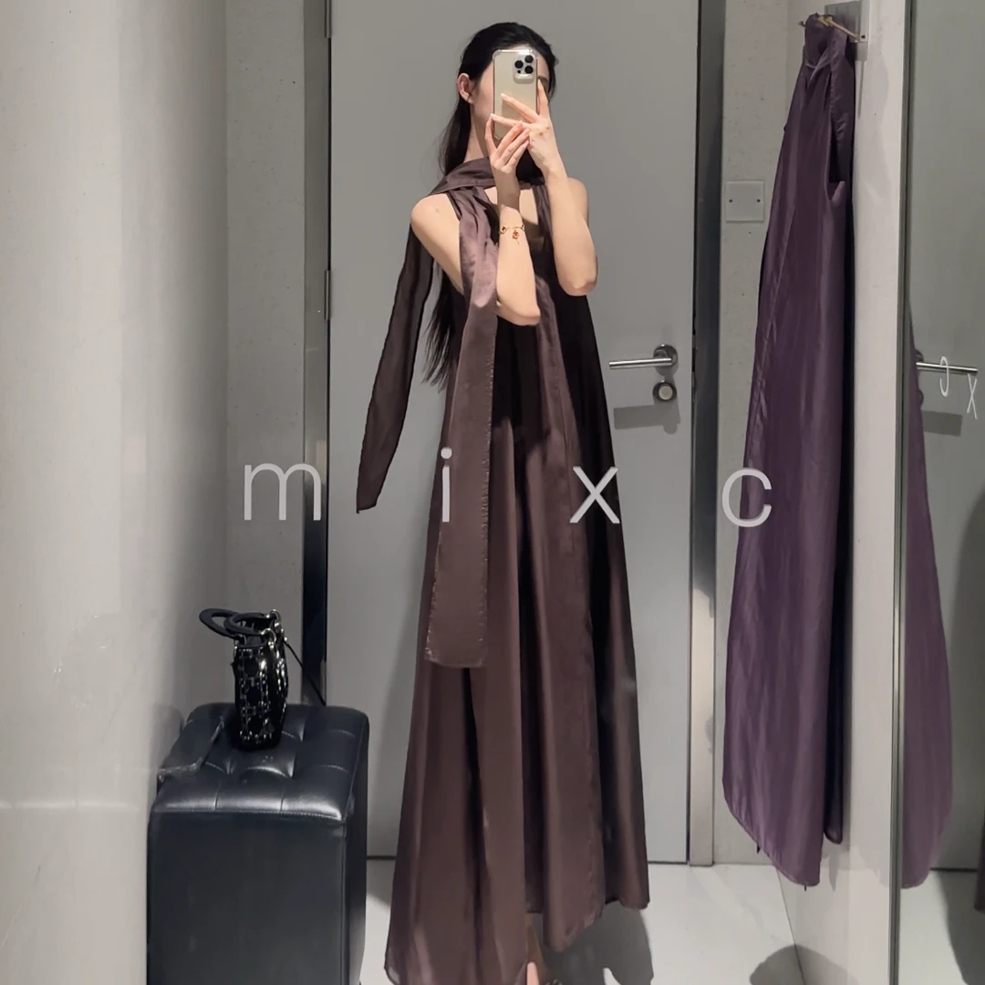 女生韩系ins衣服围巾领质感纯色无袖连衣长裙时尚出游服装夏季