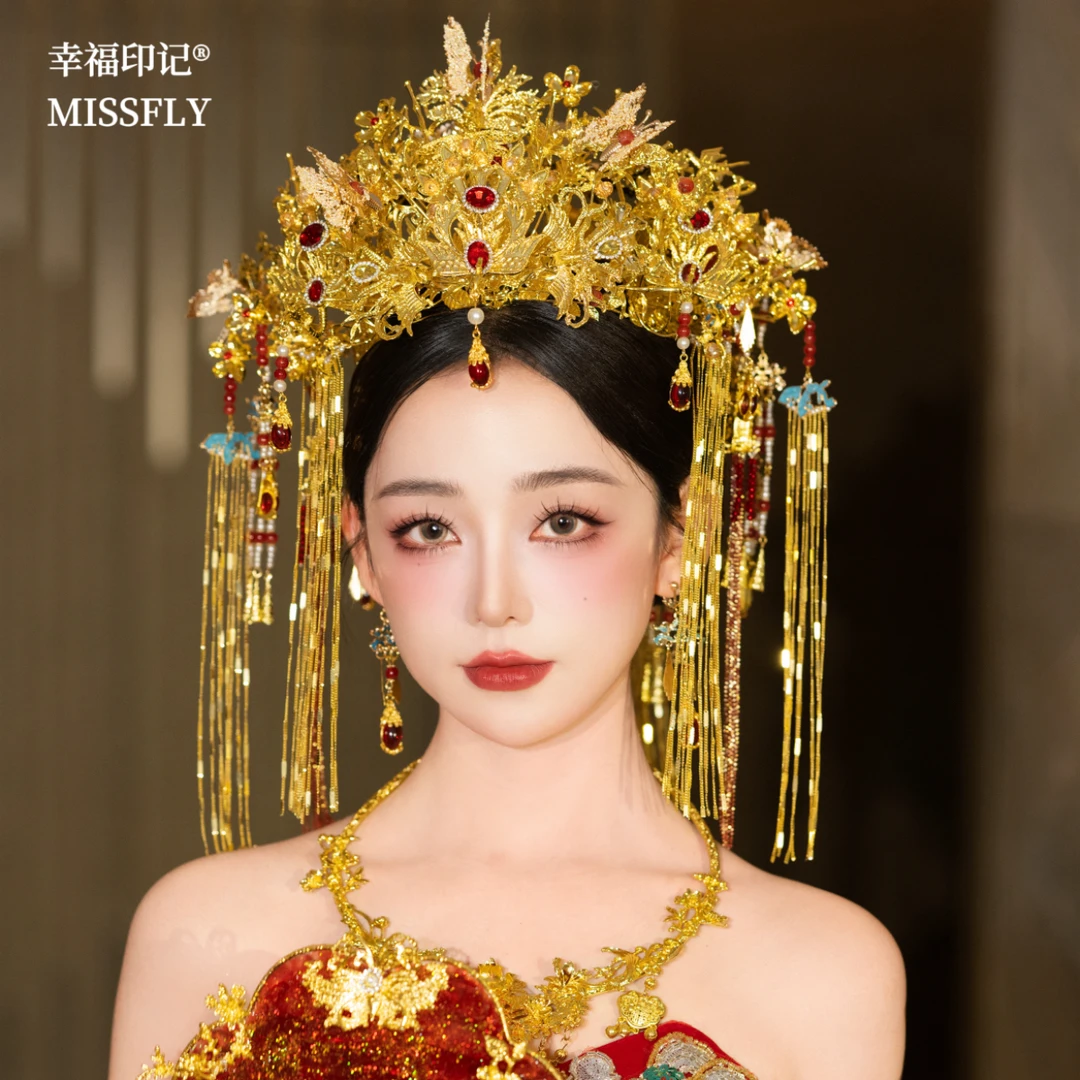 蝴蝶飞鹤红钻大凤冠头饰带后区华丽奢华中式婚礼秀禾汉服结婚发饰