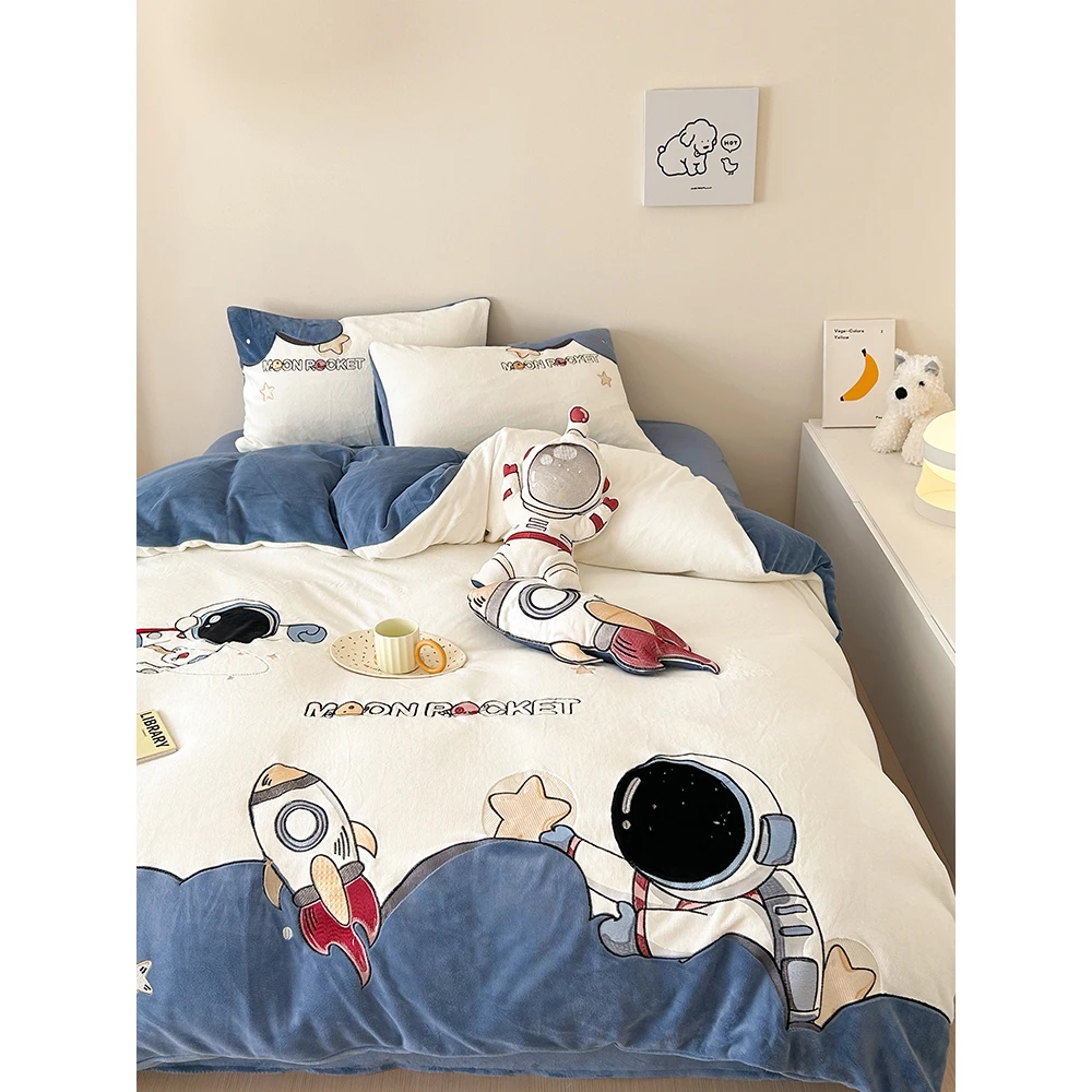 冬季牛奶绒四件套2023新款宇航员儿童三件套床笠款男孩子床上用品