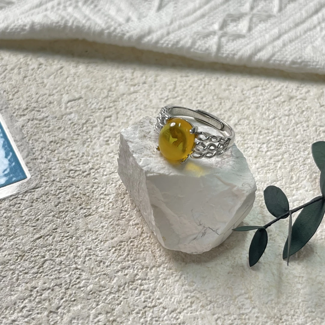 90新  【六六中古】孤品s925琥珀可调节戒指th229