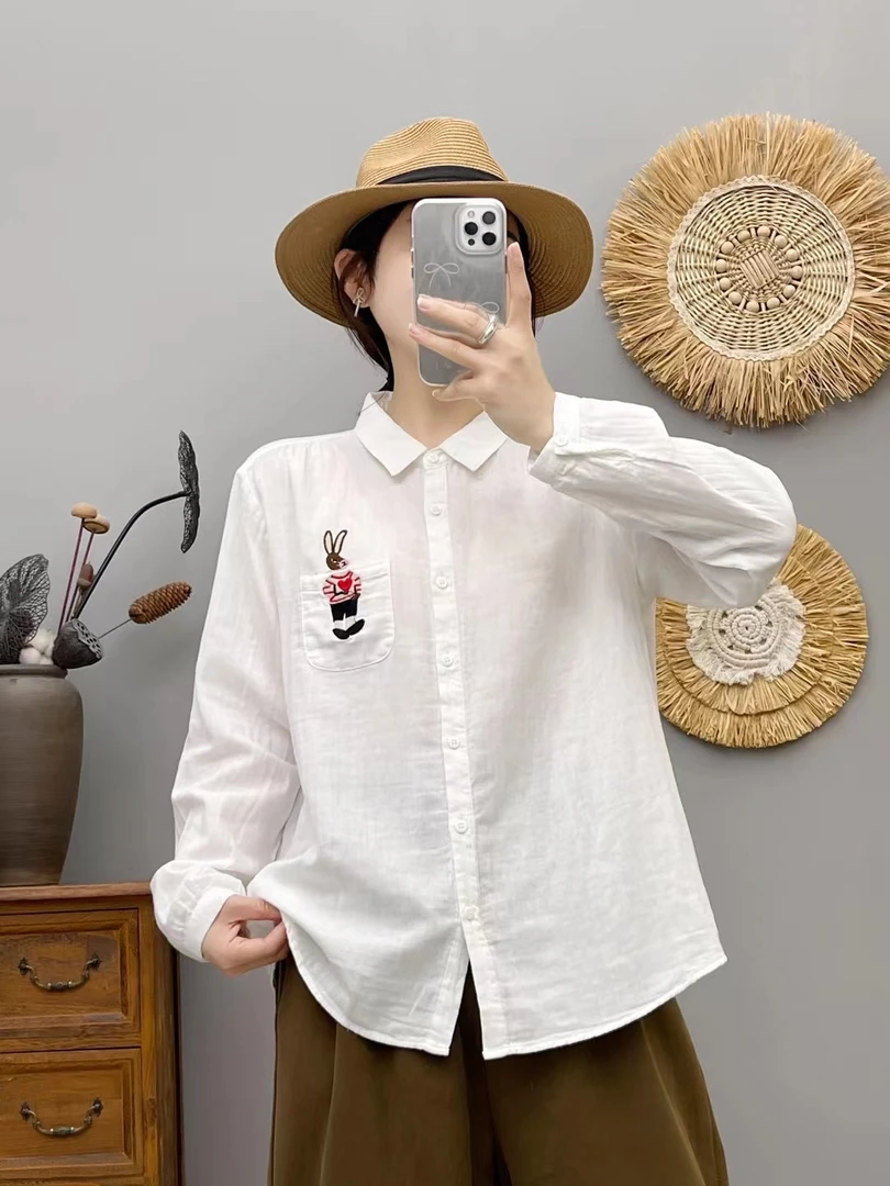 【刺绣】2025春季刺绣款白色纯棉长袖衬衫女