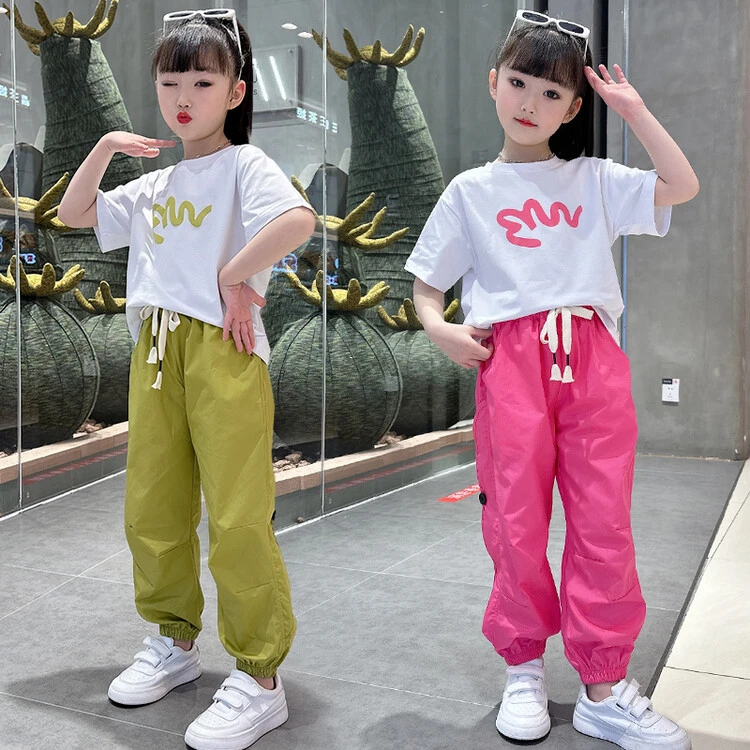 [甜酷夏款两件套]女童洋气小女孩韩范衣服夏装短袖T恤套装9分裤