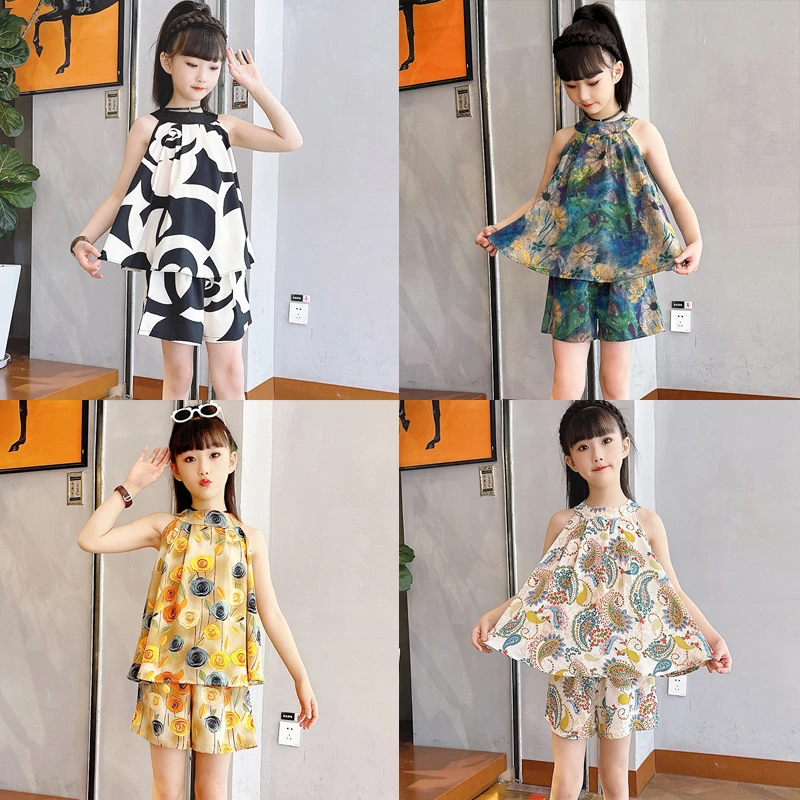 [挂脖清凉高品质套装]女童夏季高能感高端贵气轻奢无袖短裤两件套