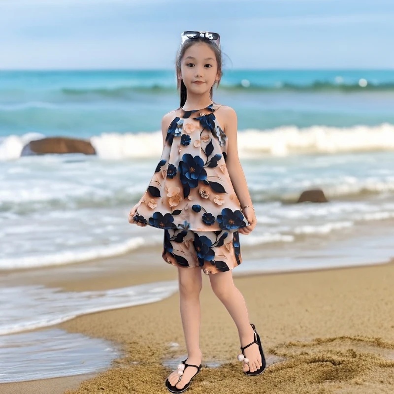 [3D立体花朵挂脖套装]女童夏季高能感新款新中式文艺范潮酷两件套