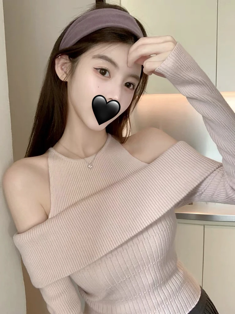 假两件一字肩坑条针织衫上衣女秋冬温柔时尚套头长袖纯色打底衫