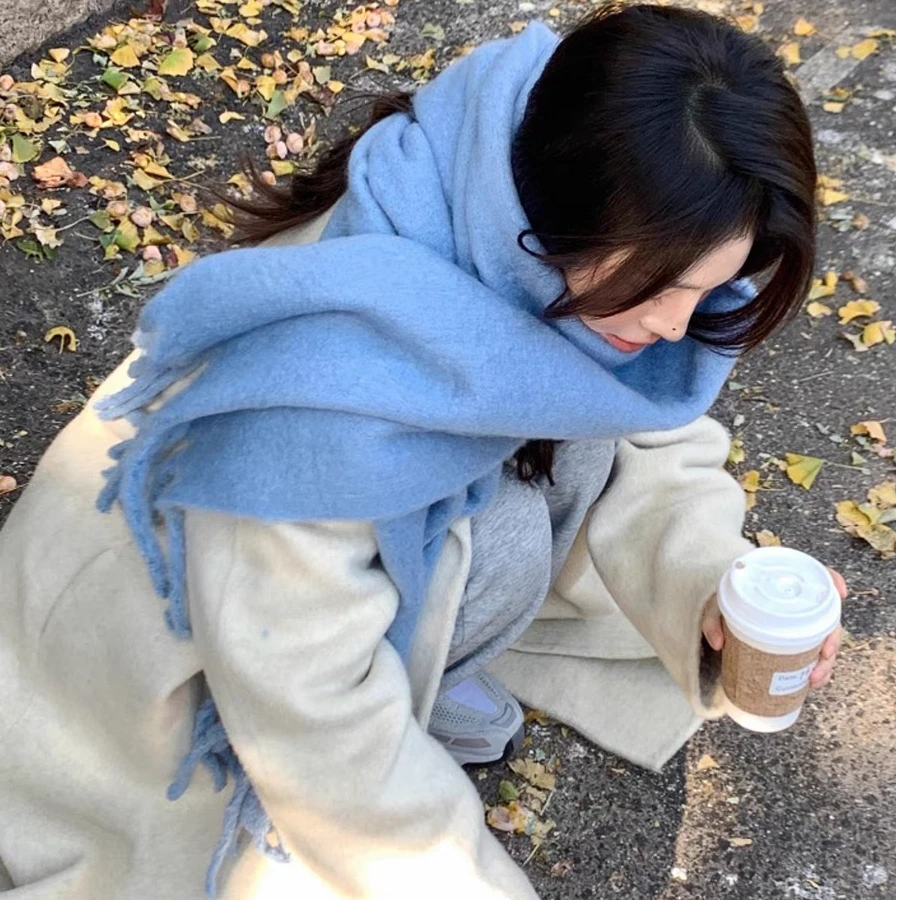 2024新款雾霾蓝围巾显白保暖时尚百搭情侣女友加厚韩版纯色慵懒风