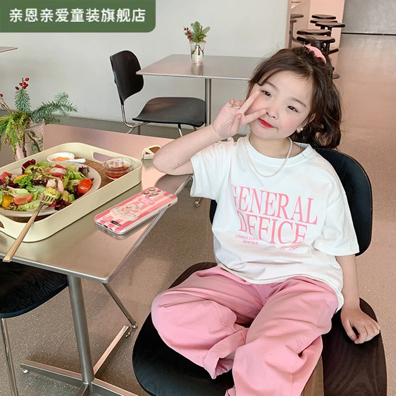 女童夏季新款时尚短袖落肩袖纯棉洋气圆领儿童春季小女孩T恤上衣