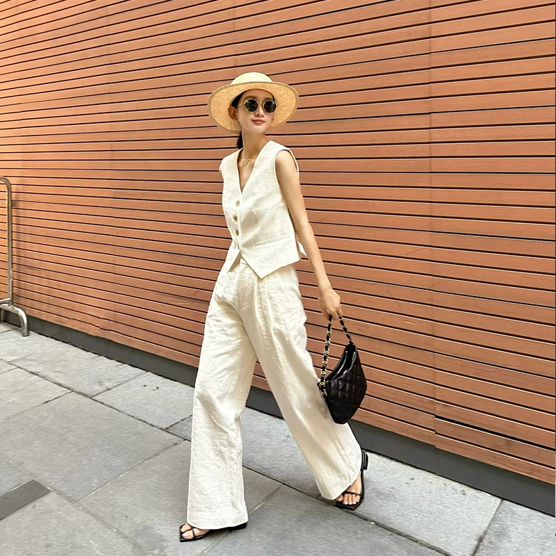 高级感老钱风气质亚麻棉麻马甲复古套装无袖背心阔腿裤小众两件套