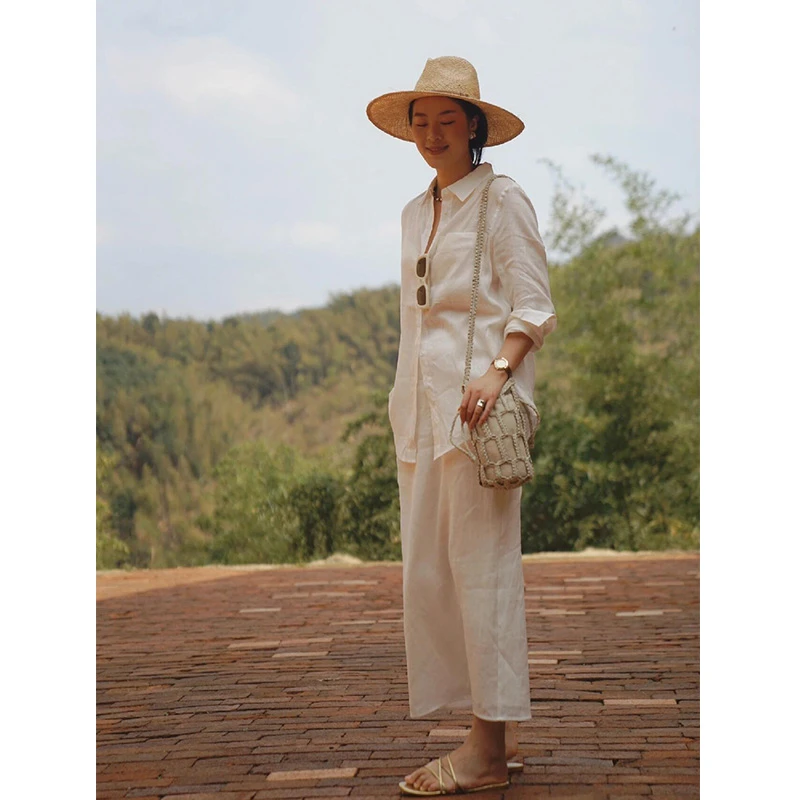 慵懒风白色长袖薄款衬衫夏季新款文艺范半身裙时尚套装休闲两件套